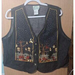 The Quacker Factory Halloween Denim‎ Vest 1X Whimsical Pumpkin Tree Stars Moon